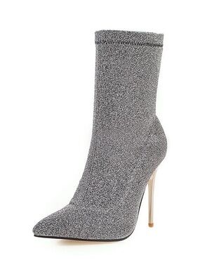 Glitter Knit Sock Stiletto Boot — Silver